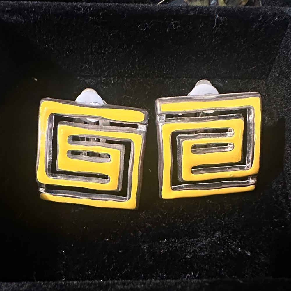 Vintage Yellow Enamel Geometric Square Clip-On statement Earrings